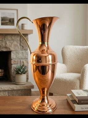 Vintage 16" Copper & Brass Decorative Ewer - Tall Pedestal Pitcher